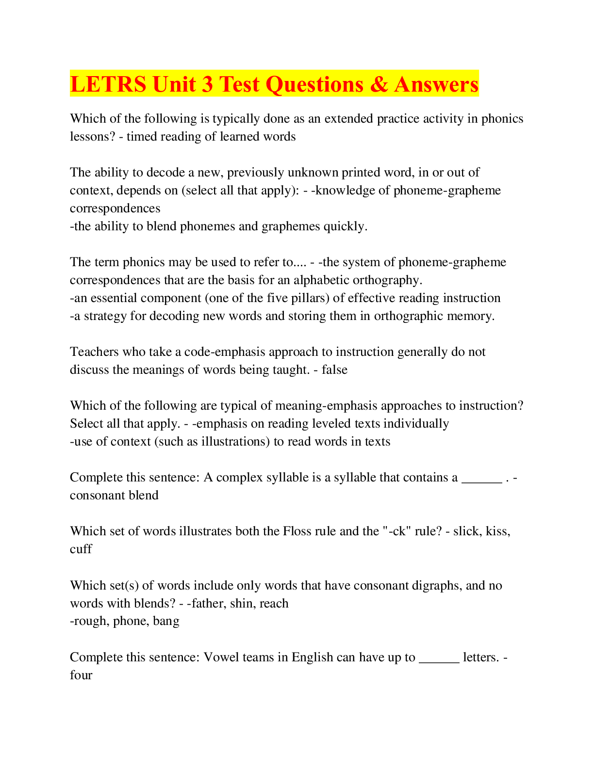 Preview image of LETRS Unit 3 Test Questions & Answers document